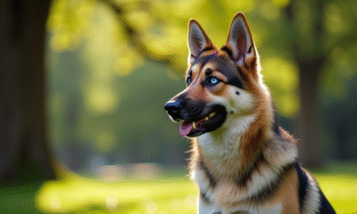 Chien mix German Shepherd Husky assis dans un parc ensoleille