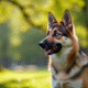 Chien mix German Shepherd Husky assis dans un parc ensoleille