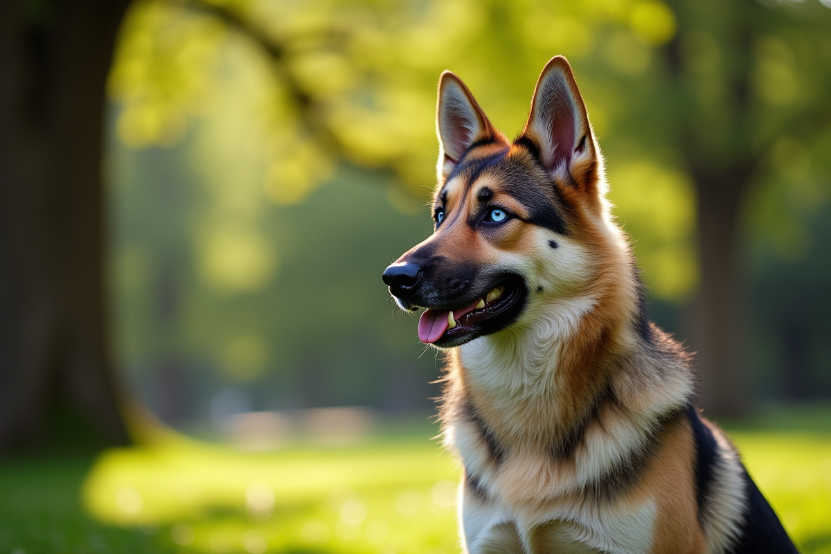 Chien mix German Shepherd Husky assis dans un parc ensoleille