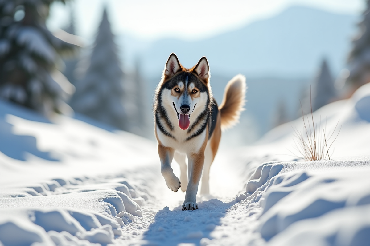 Chien mix German Shepherd Husky courant en montagne enneigee