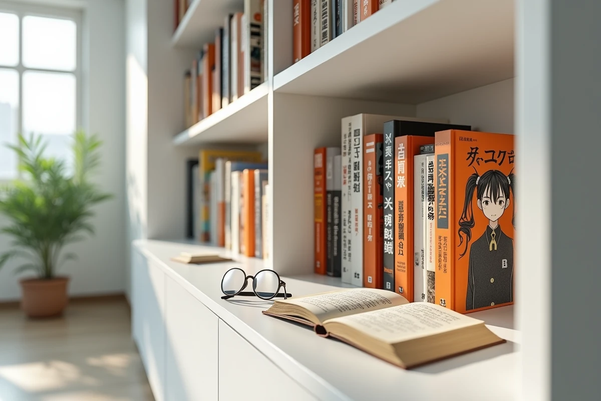 Collection de volumes manga One Piece rangés sur une étagère avec des notes de lecture manuscrites