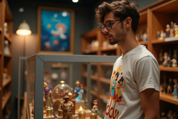 Jeune homme examinant des figurines Aladdin en boutique