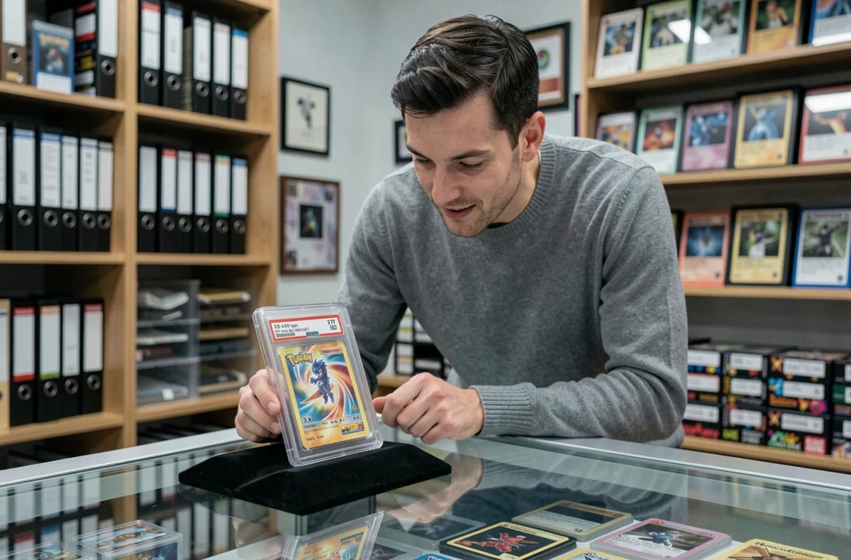 Collectionneur examinant une carte Pokémon gradée PSA dans une vitrine de boutique spécialisée