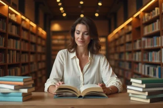 Femme comparant des livres en format broché, poche et relié dans une librairie indépendante