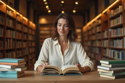 Femme comparant des livres en format broché, poche et relié dans une librairie indépendante