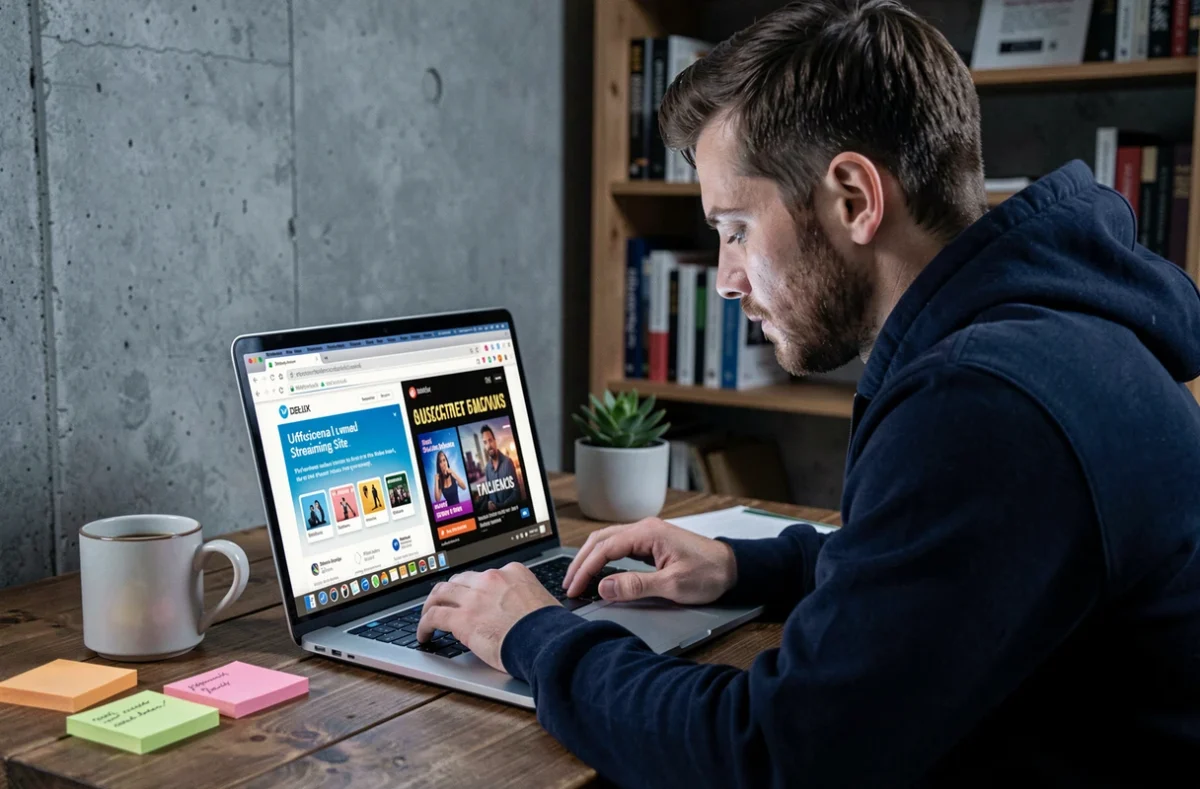 Homme comparant un site de streaming illégal et une plateforme légale sur son ordinateur portable