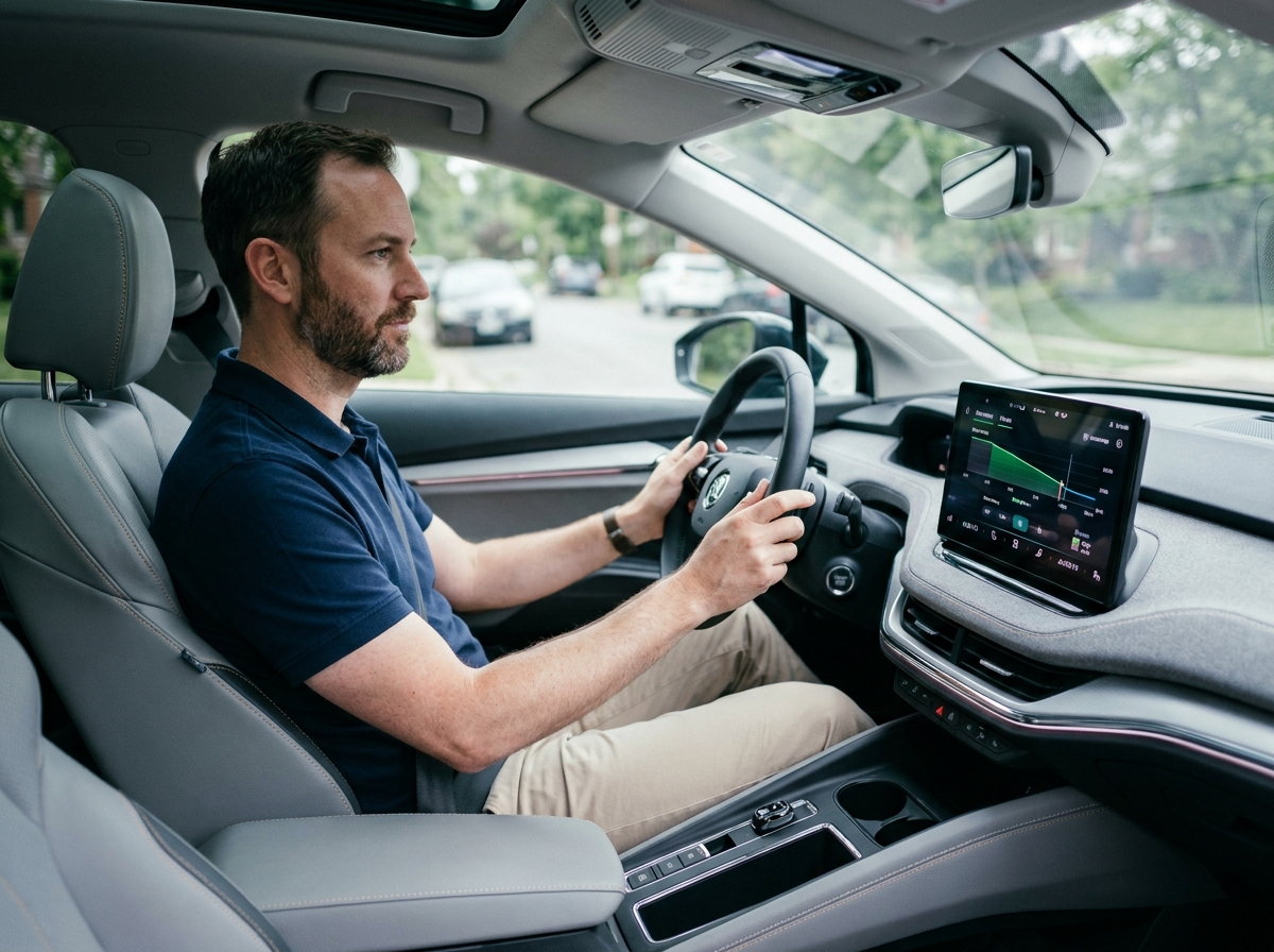 Homme au volant d'une voiture électrique consultant le tableau de bord numérique, illustration du leasing électrique 2026
