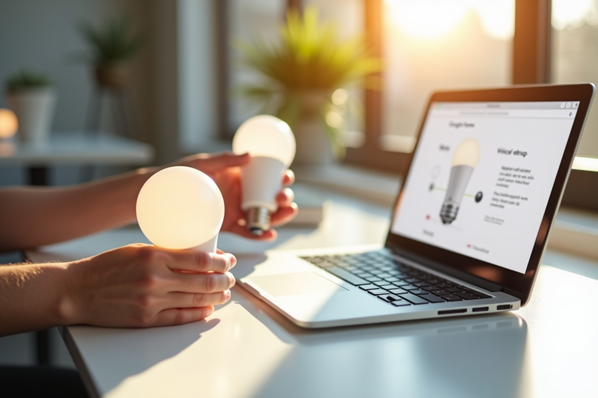 Mains connectant une ampoule intelligente avec un assistant vocal