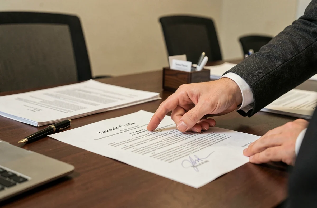 Mains d'un avocat désignant un contrat juridique lors d'une réunion professionnelle spécialisée à Vichy