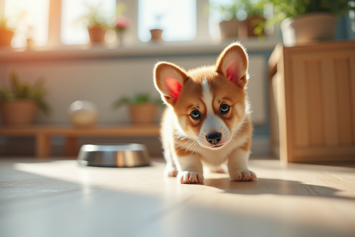Chiot corgi explorant une aire de jeu intérieure sécurisée
