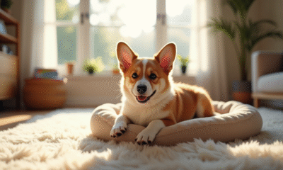Chiot corgi allongé sur un lit doux dans un salon lumineux