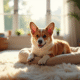 Chiot corgi allongé sur un lit doux dans un salon lumineux
