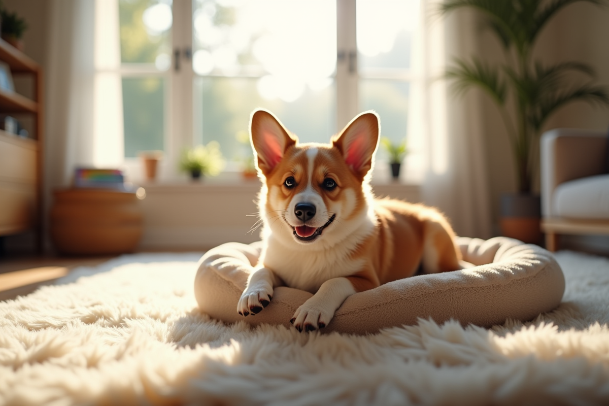 Chiot corgi allongé sur un lit doux dans un salon lumineux
