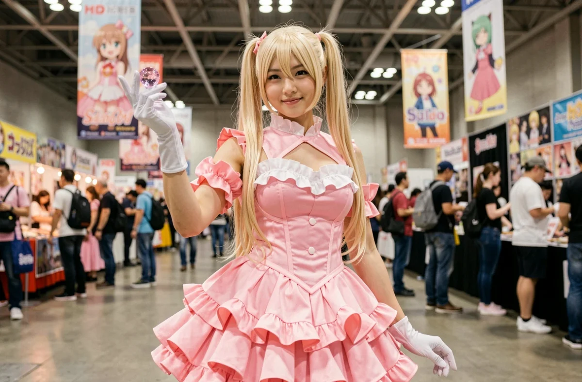 Cosplayeuse déguisée en personnage de Hunter x Hunter lors d'une convention manga avec perruque blonde et robe rose