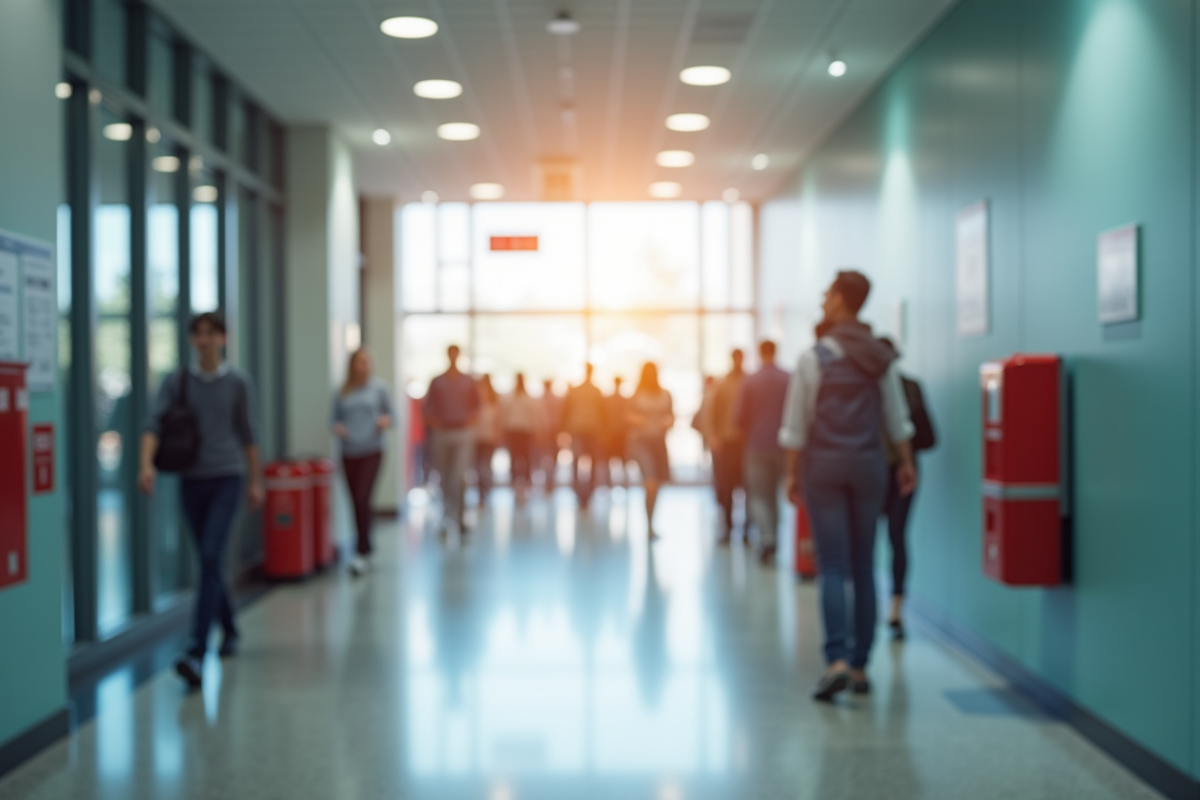 Couloir lumineux avec signes de sécurité et groupes de personnes