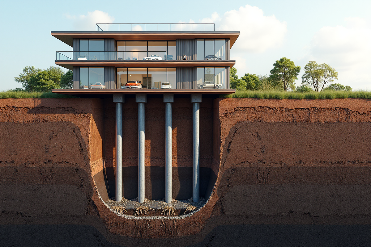 Coupe détaillée des fondations avec piles soutenant un bâtiment