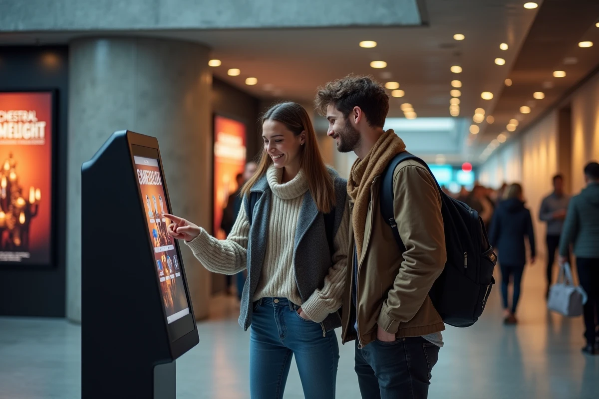 Couple achetant des billets pour un concert Candle Light 2026 à un kiosque dans le hall d'une salle de spectacle