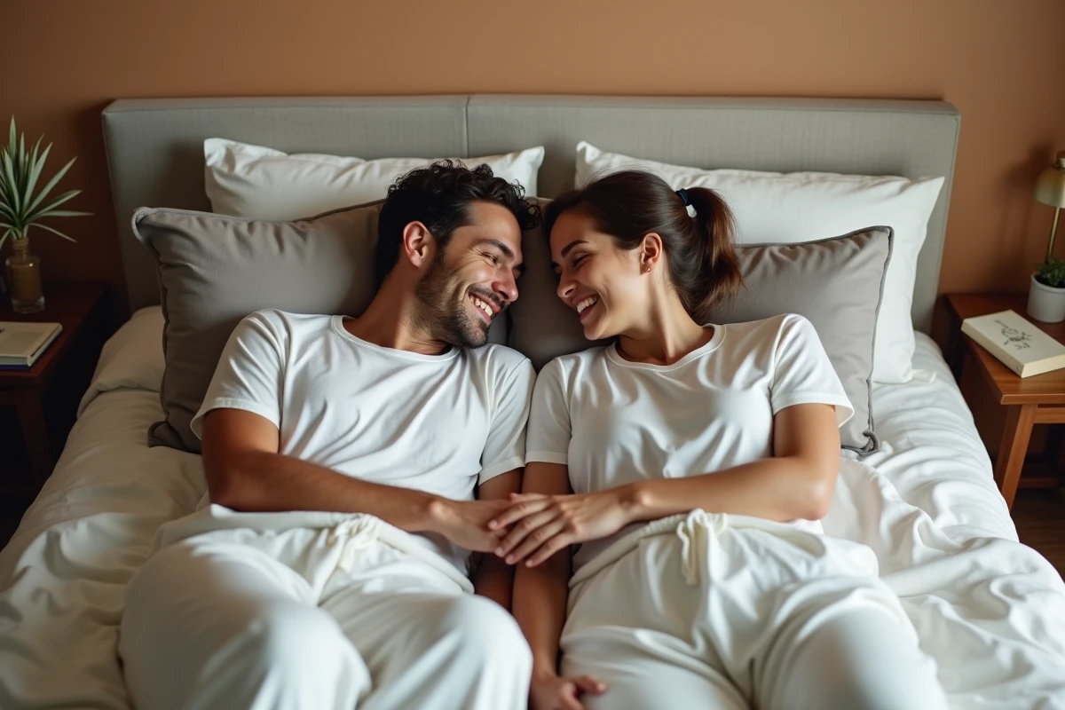 Couple allongé sur un lit partageant un moment complice et détendu habillés en vêtements confortables