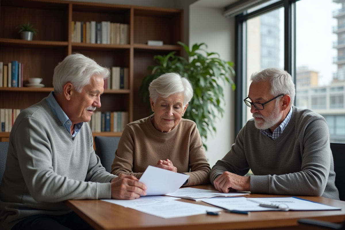 Couple d seniors consulte un conseiller immobilier dans un bureau