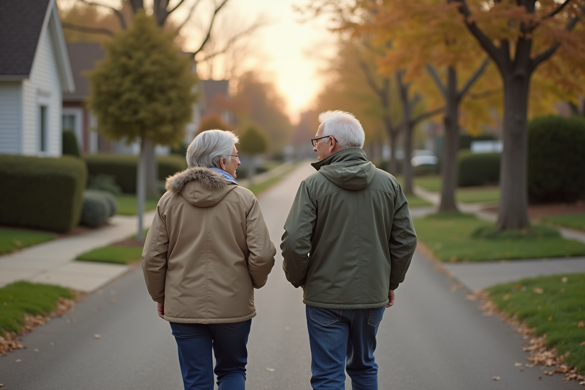 Couple de seniors marchant dans un quartier résidentiel