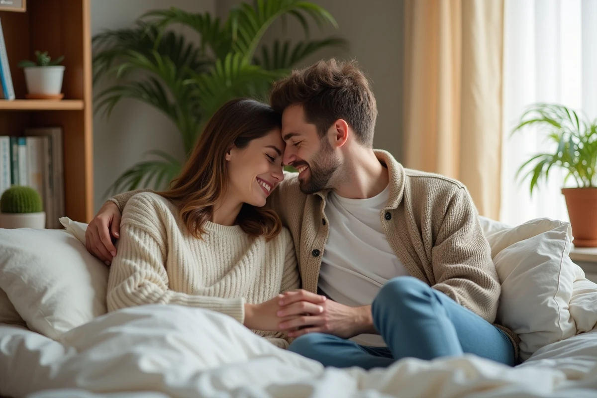 Couple de jeunes adultes assis sur un lit confortable partageant un moment de tendresse et d'intimité dans une chambre cosy