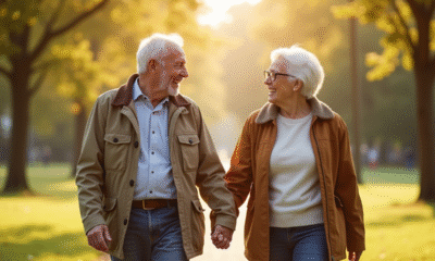 Couple d'anciens souriants dans un parc ensoleille