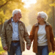 Couple d'anciens souriants dans un parc ensoleille