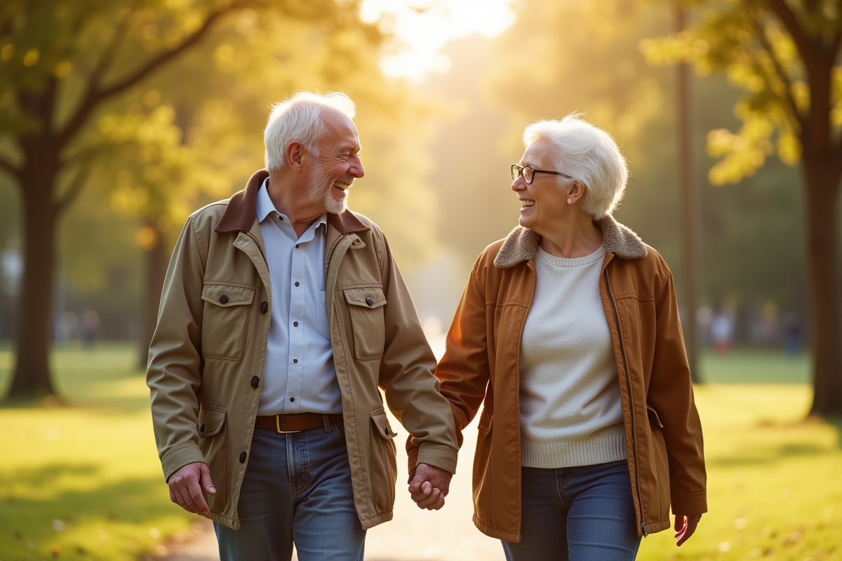 Couple d'anciens souriants dans un parc ensoleille