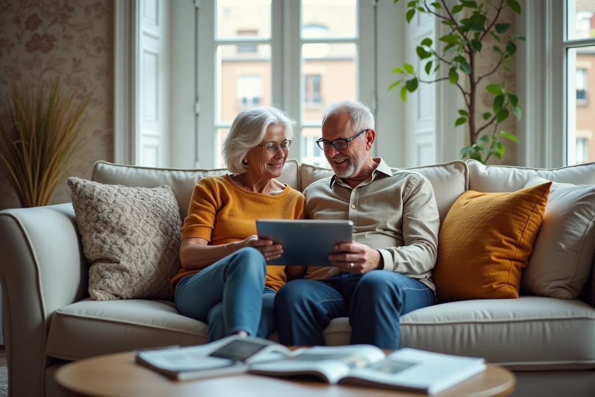 Couple senior souriant regardant des annonces immobilières