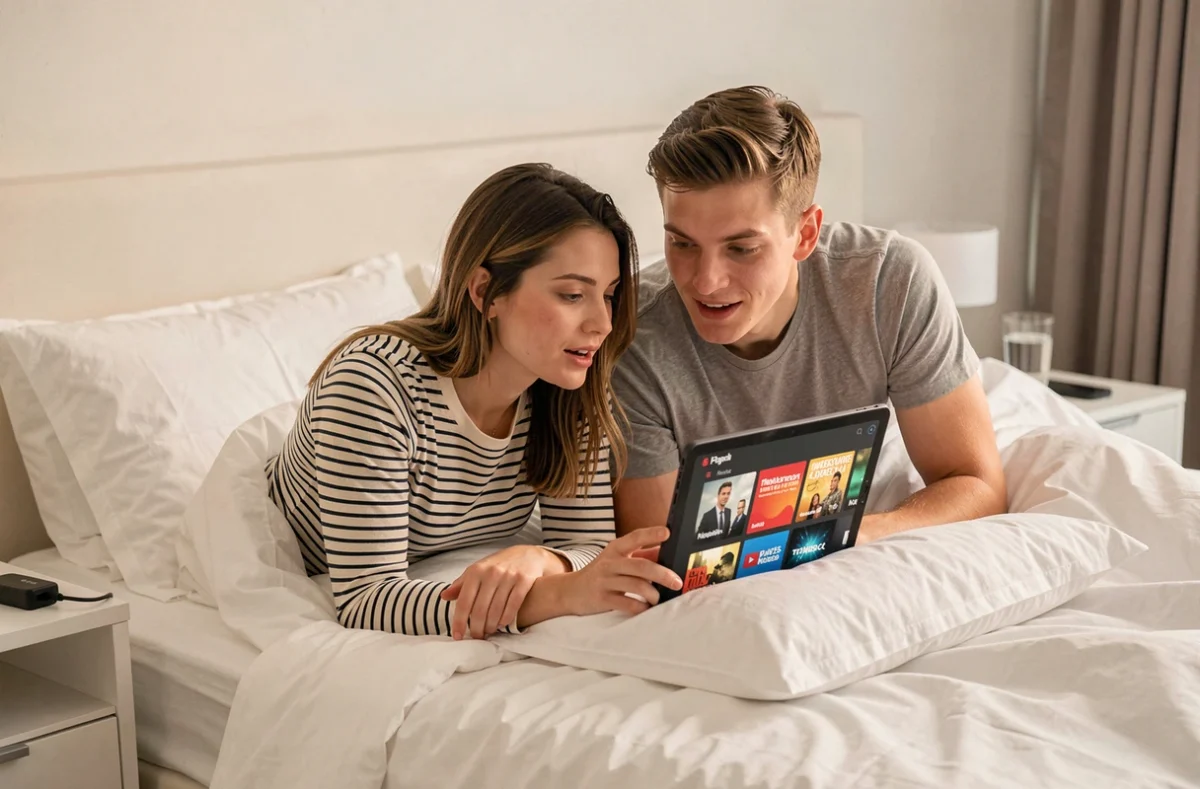 Couple choisissant une série sur une plateforme de streaming légale sur tablette dans leur chambre