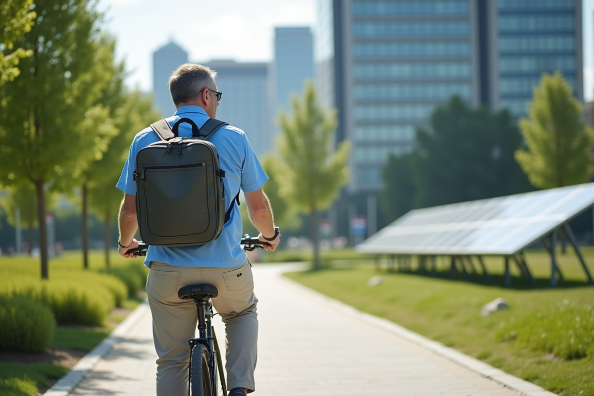 Homme à vélo dans un parc urbain avec bâtiments et panneaux solaires