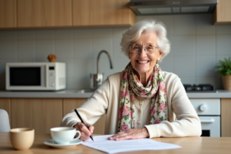Dame âgée signe un document de prêt hypothécaire dans la cuisine