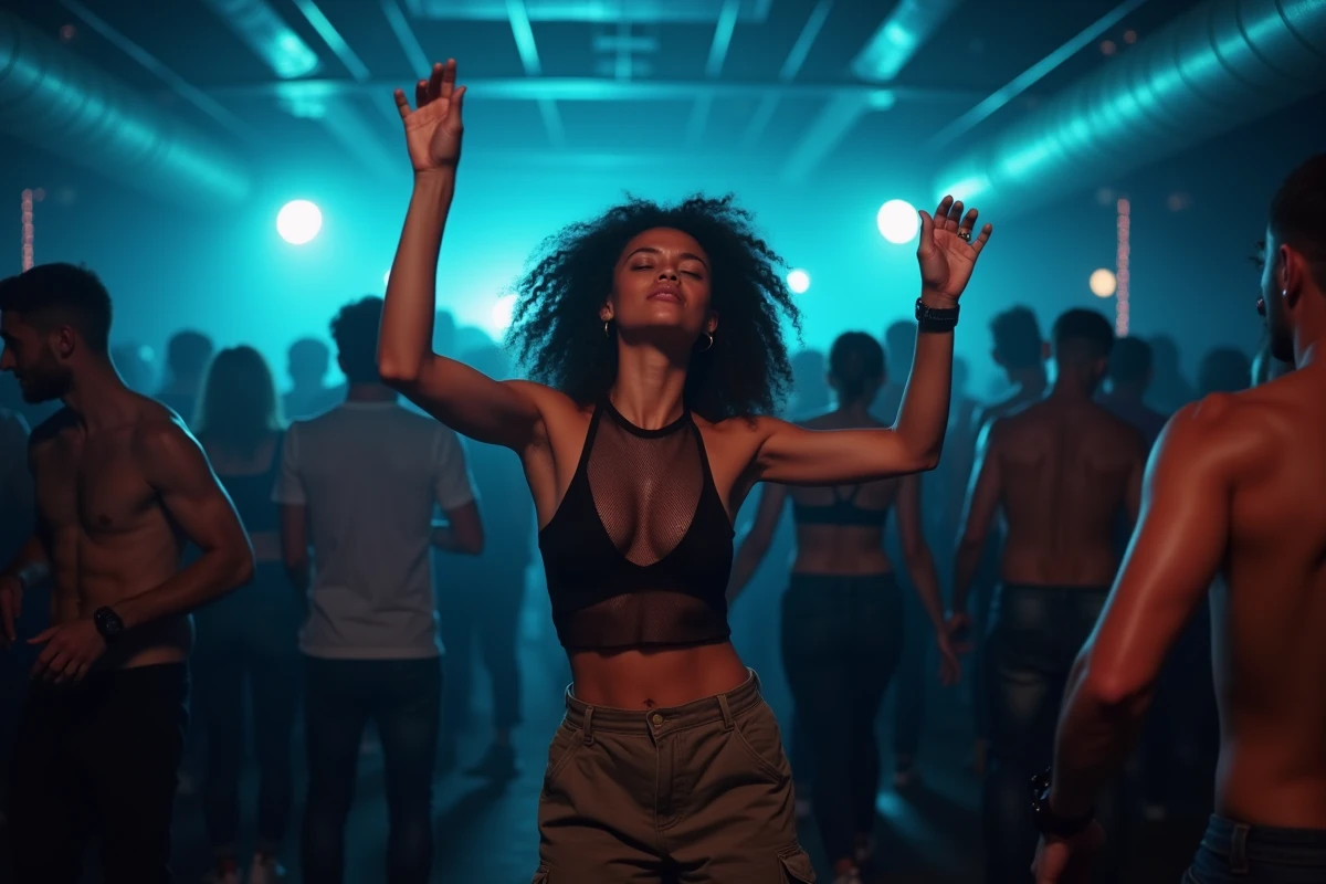 Jeune femme dansant les yeux fermés sur une piste de danse de club techno parisien dans une ambiance underground