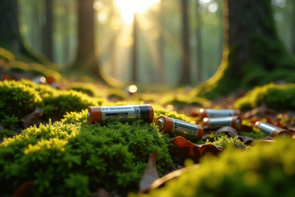 Batteries abandonnées sur mousse verte en forêt