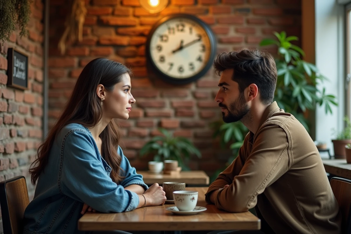 Deux personnes en regard intense dans un café rustique avec une horloge indiquant 22h55, illustrant la reconnaissance des flammes jumelles