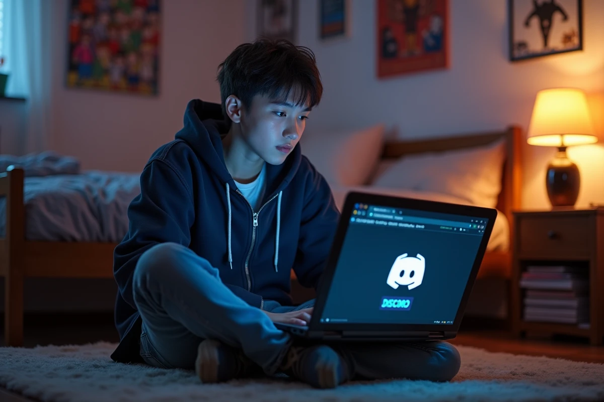 Jeune adulte utilisant Discord pour lire des scans manga en français sur un ordinateur portable dans sa chambre