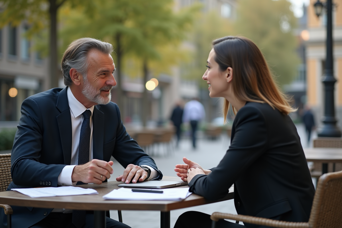 Homme et femme discutant au café avec ordinateur portable