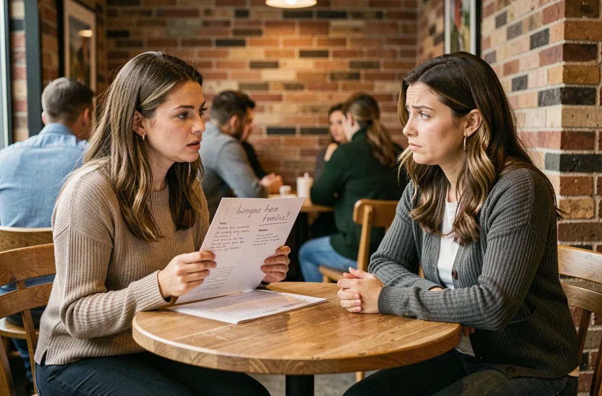 Deux femmes discutant d'une offre de massage amateur dans un café, illustrant la difficulté à évaluer le sérieux d'une petite annonce