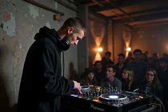 DJ concentré sur ses platines CDJ dans un club techno underground parisien aux murs en béton brut