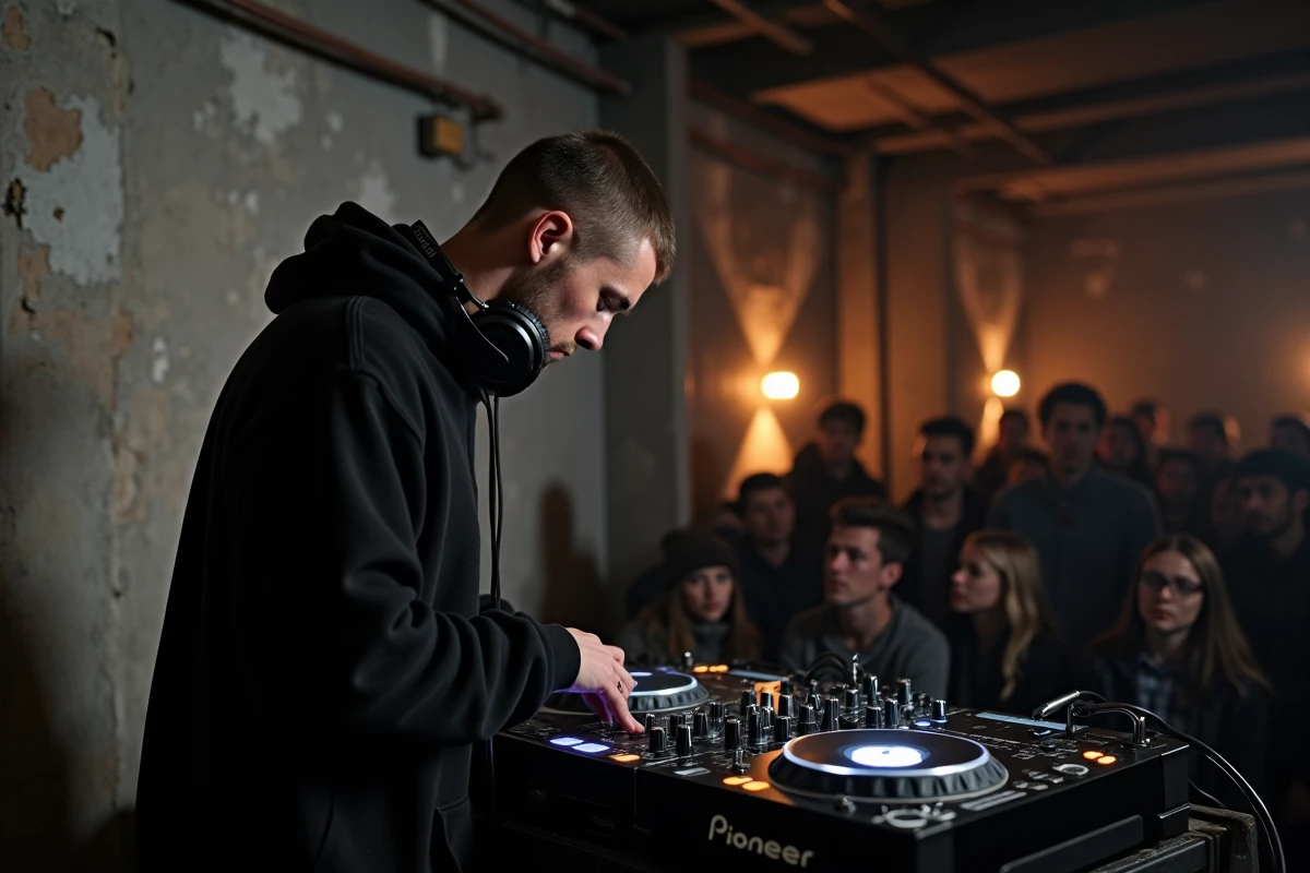 DJ concentré sur ses platines CDJ dans un club techno underground parisien aux murs en béton brut