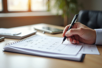 Pile de documents officiels et calendrier sur un bureau lumineux