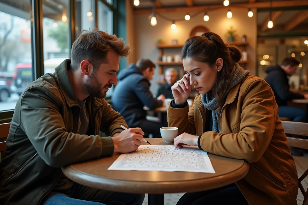 Deux personnes résolvant ensemble une énigme logique imprimée dans un café chaleureux en discutant des erreurs de raisonnement