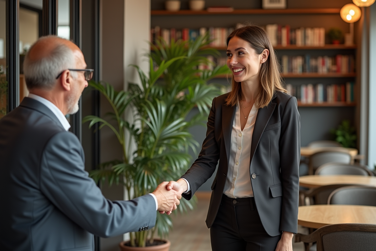 Femme souriante serre la main d'un homme âgé dans un café chaleureux