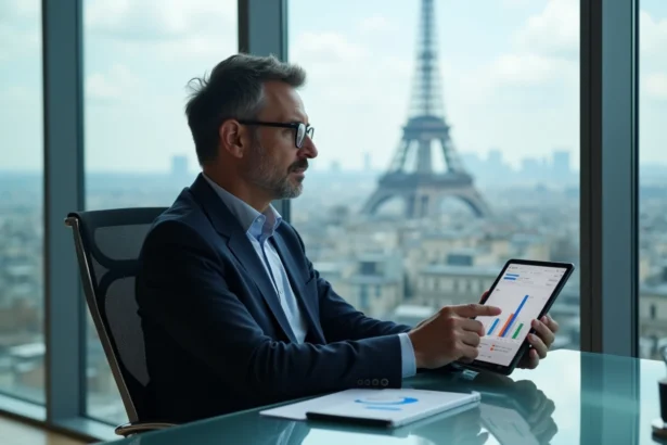 Economiste français regardant des graphiques numériques avec skyline futuriste