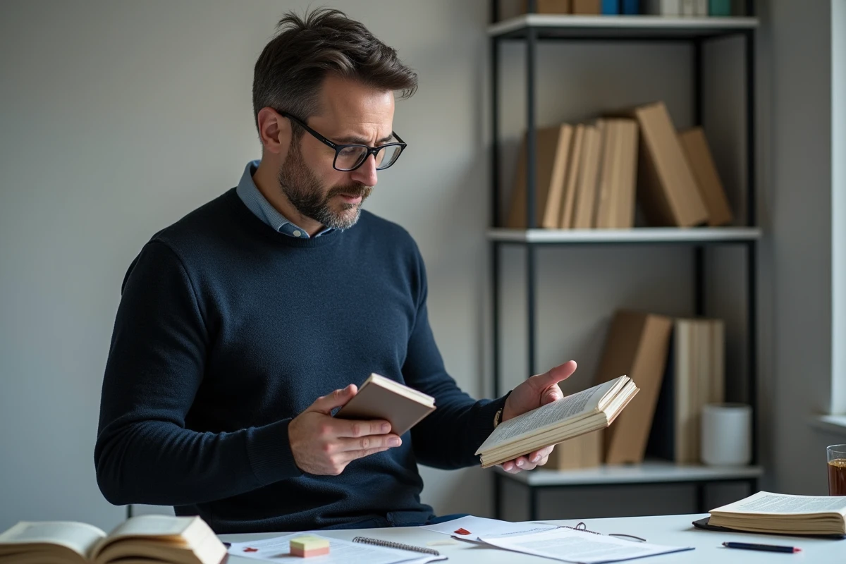 Éditeur analysant les différences entre un livre de poche et un livre relié dans un bureau