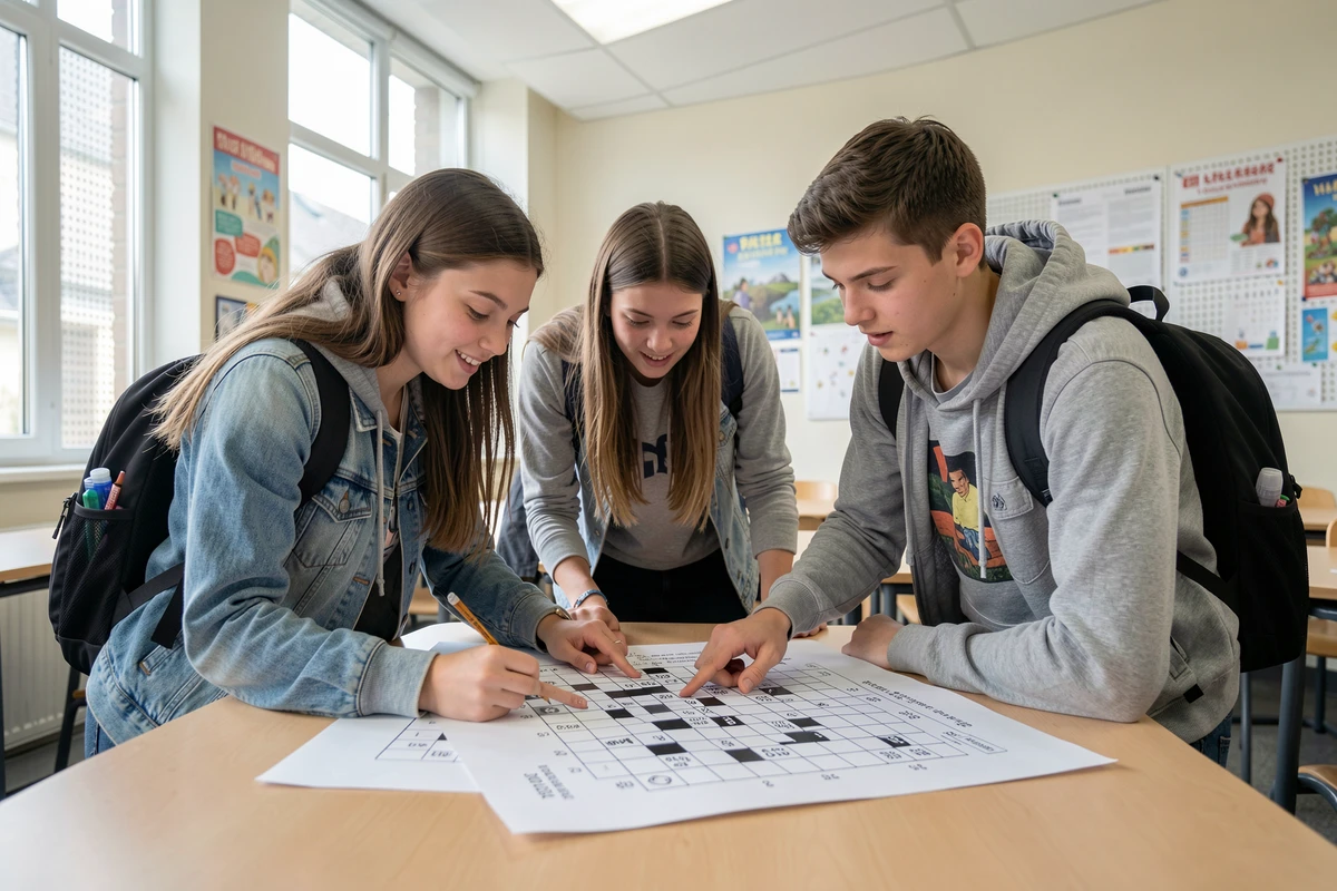 Groupe d'élèves au lycée collaborant sur une grille de mots croisés pédagogique en classe