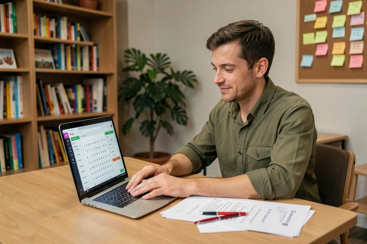 Enseignant utilisant un logiciel solver de mots croisés sur ordinateur portable dans une salle des professeurs