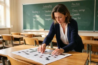 Enseignante pointant un mots croisés imprimé sur un bureau de classe, utilisé comme outil pédagogique