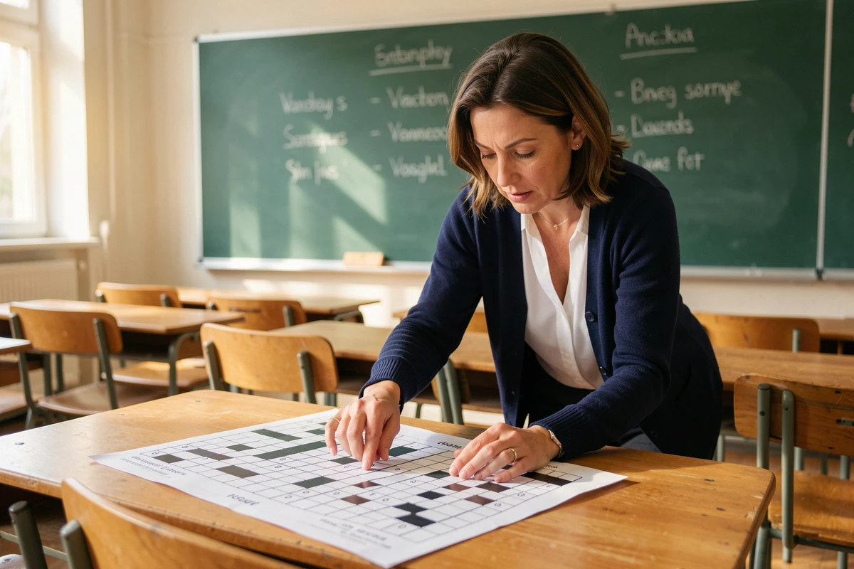 Enseignante pointant un mots croisés imprimé sur un bureau de classe, utilisé comme outil pédagogique