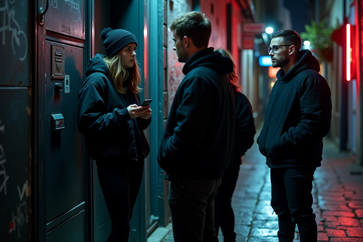 Groupe de jeunes adultes devant l'entrée discrète d'un club électro parisien dans une ruelle pavée la nuit